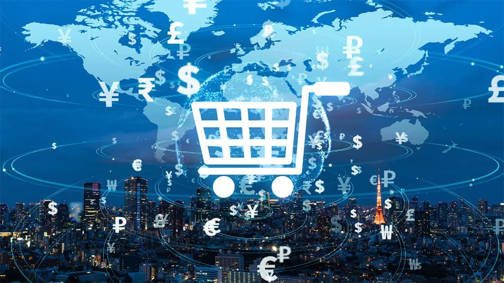 E-commerce and global currency concept